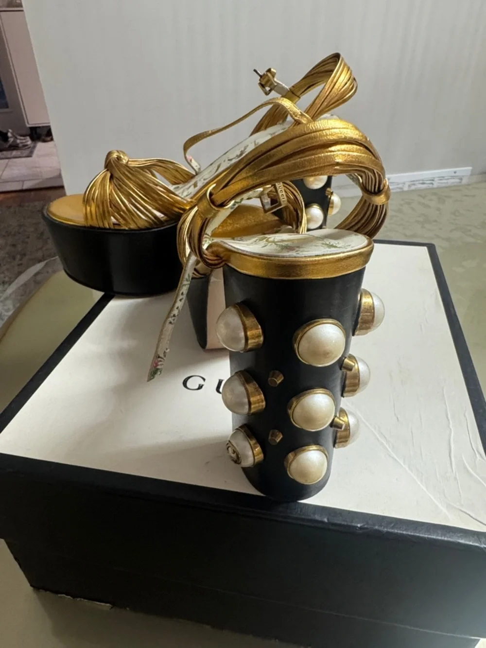 Gucci Gold Metallic Pearl-Embellished Platform Sandals - Picture 2 of 8